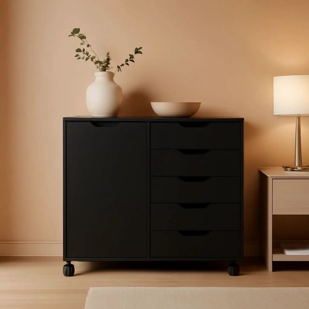 Premium SolidWood Black Five Drawer Interlocking Chest from PriceLows™