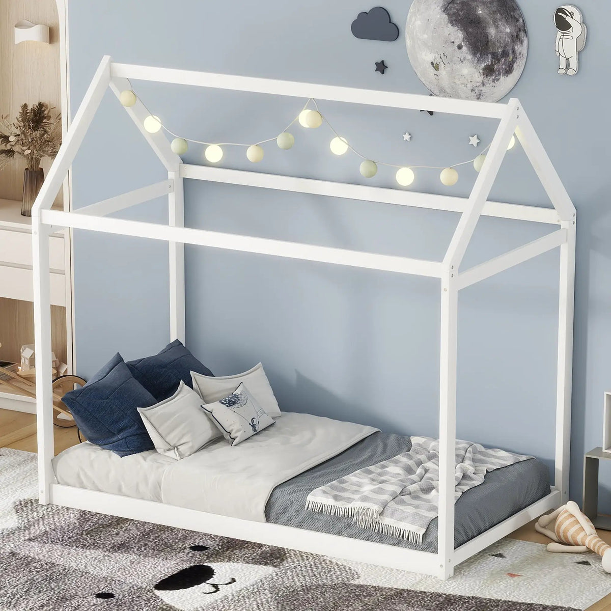 Wooden House Shaped Bed | Roof-Like Structure | Low Profile Design | 78.3 Inch Length