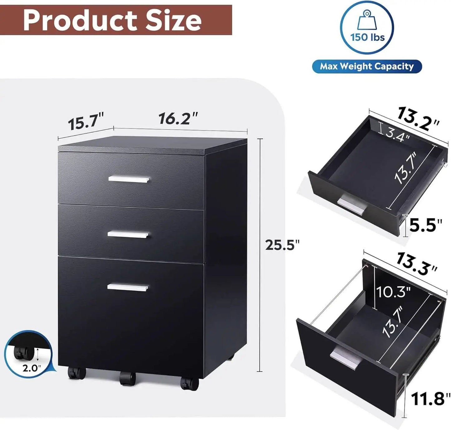 3 Drawer Wood File Cabinet Black For Letter A4 Size Home Office Storage Organizer from PriceLows™