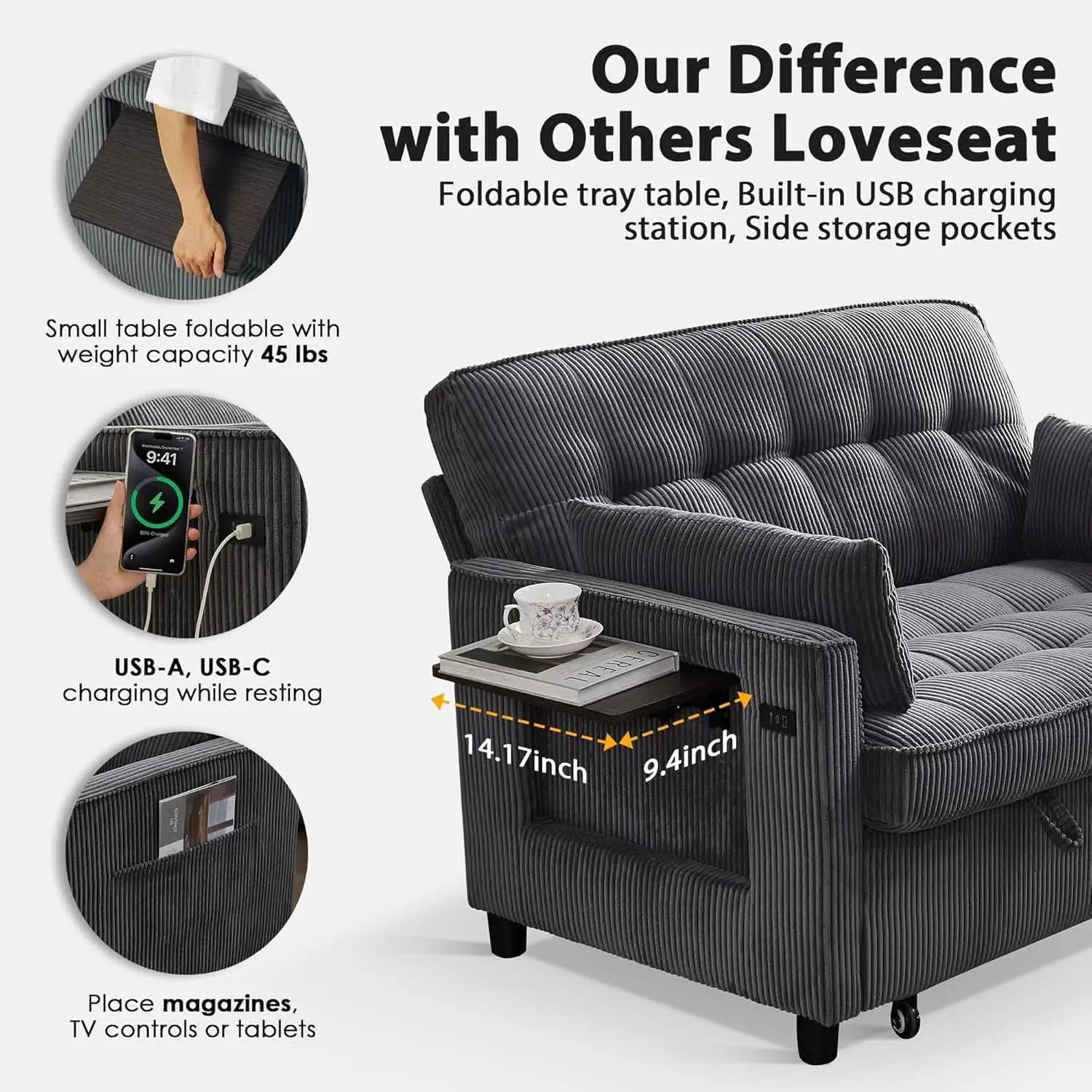 55Inch Convertible Sleeper Sofa With USBPort Corduroy from PriceLows™