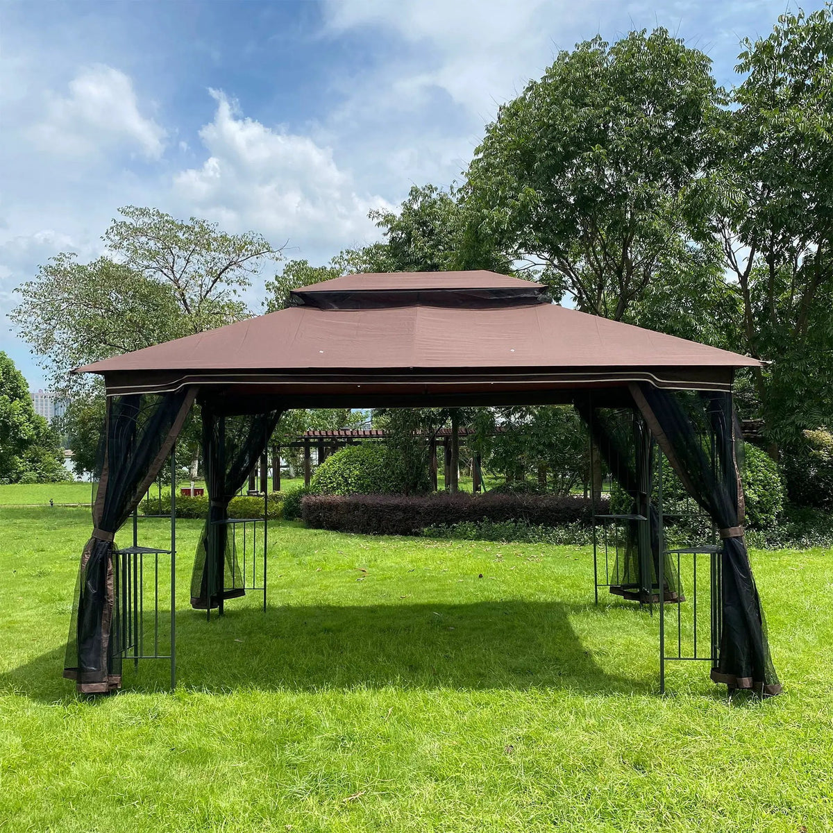 Outdoor Patio Gazebo | 13x10ft Double Roof | Mesh Screens | Brown