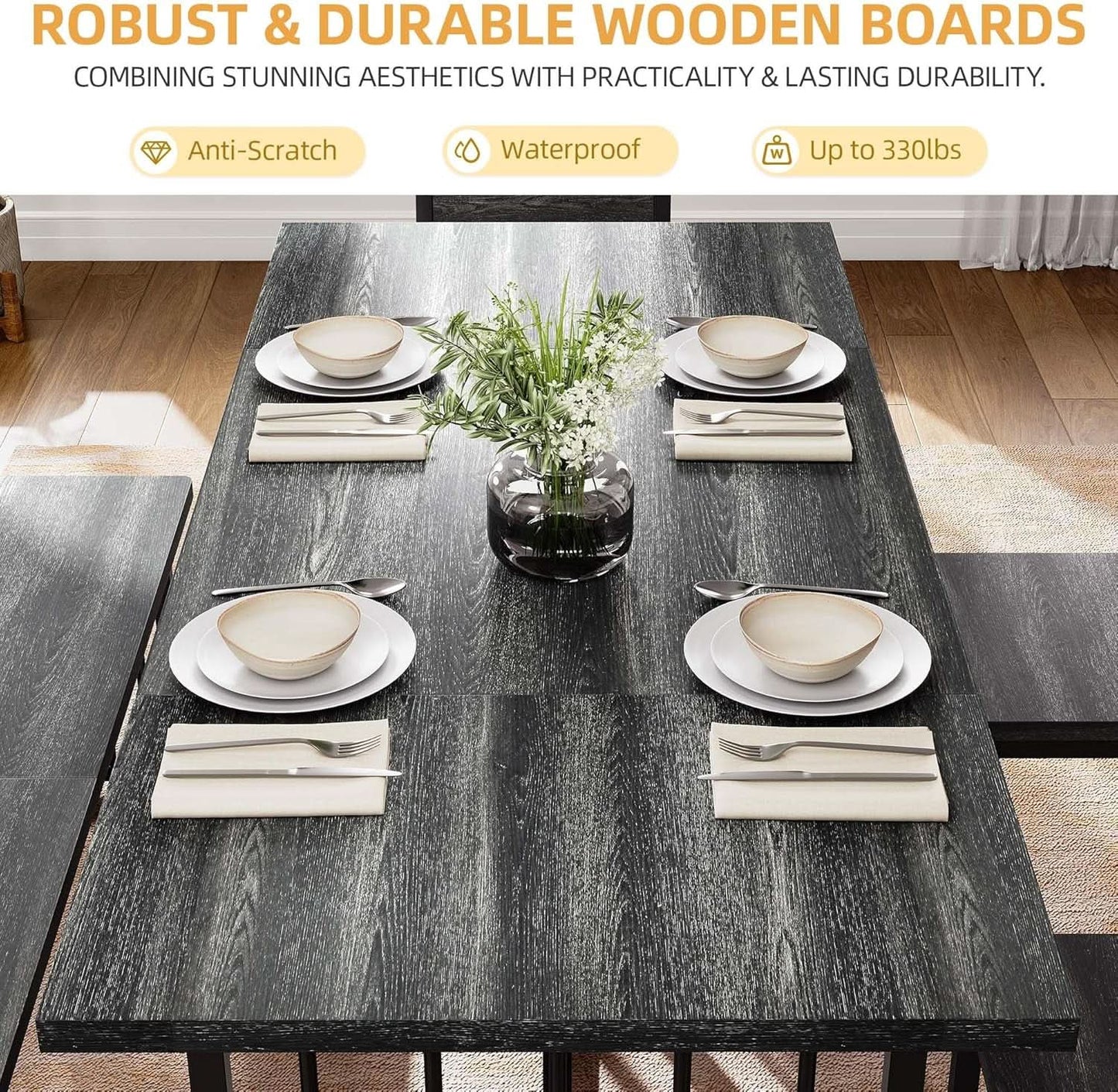 63 Inch Dark Grey Rectangular Dining Table Set Farmhouse from PriceLows™