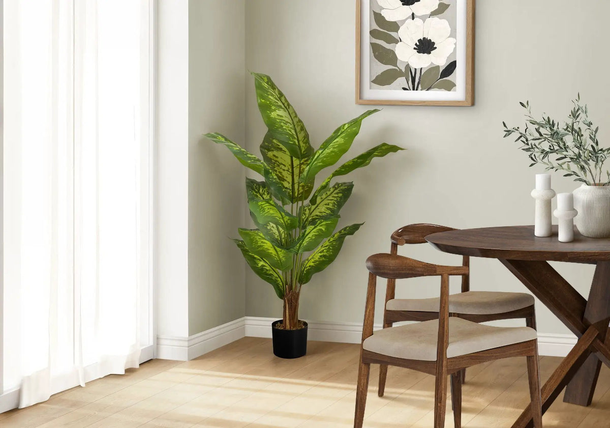 47 Inch Artificial Evergreen Tree | 12 Variegated Real Touch Leaves | Indoor Faux Floor Plant | Potted
