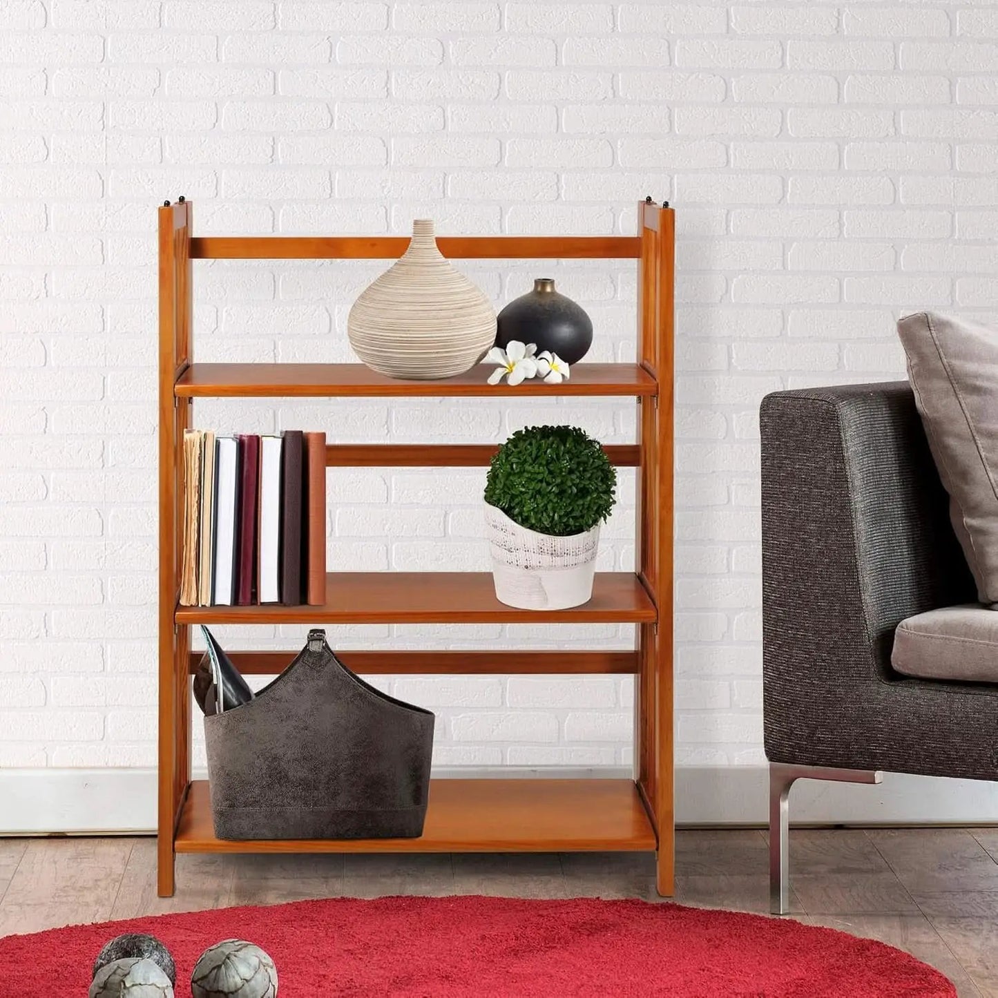 3-Shelf Folding Stackable Bookcase 27.5 Inch Wide Honey Oak from PriceLows™