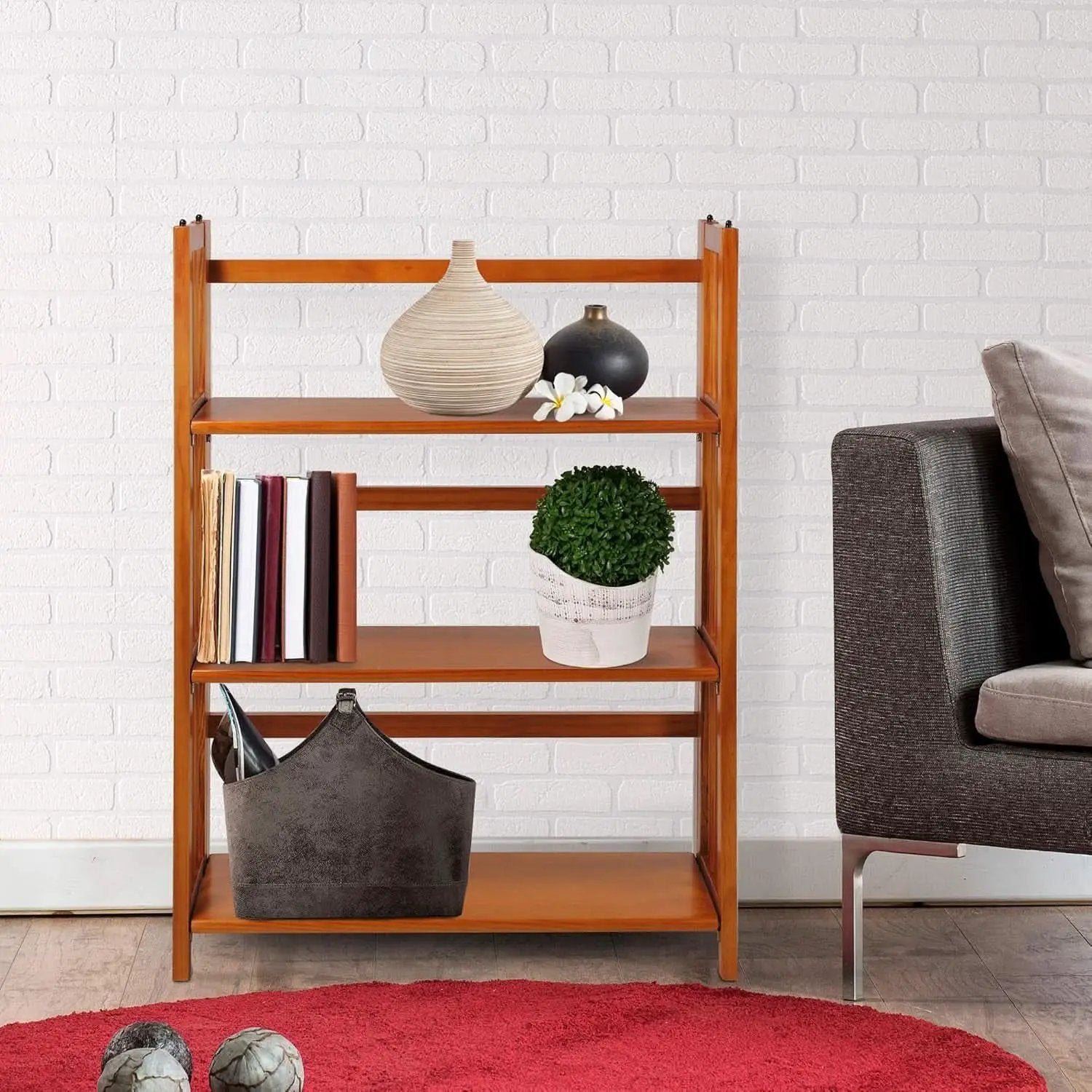 3-Shelf Folding Stackable Bookcase 27.5 Inch Wide Honey Oak from PriceLows™