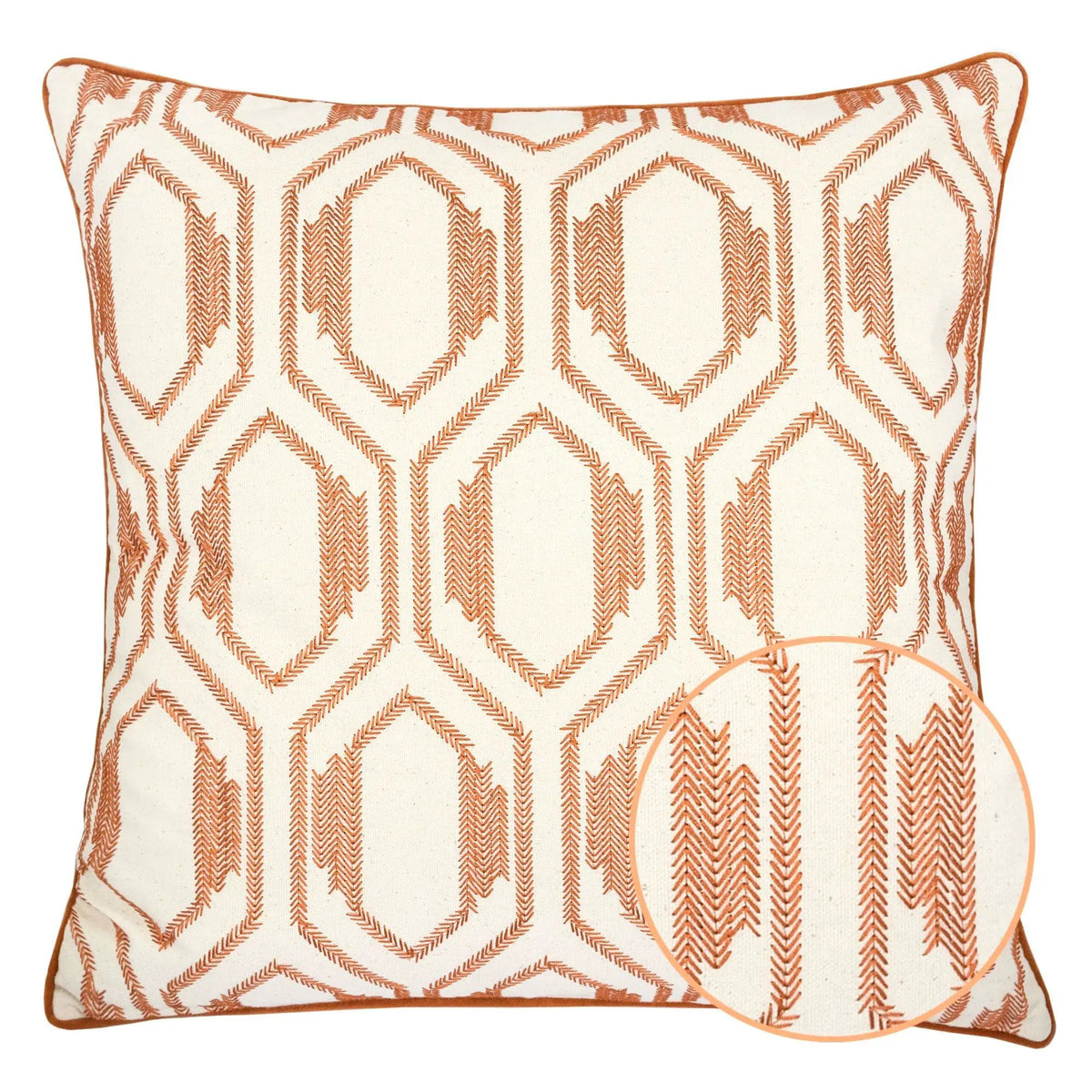 Geometric Embroidered Throw Pillow | Rust Burnt Orange | Natural Cotton Base | 20 x 20 Inch