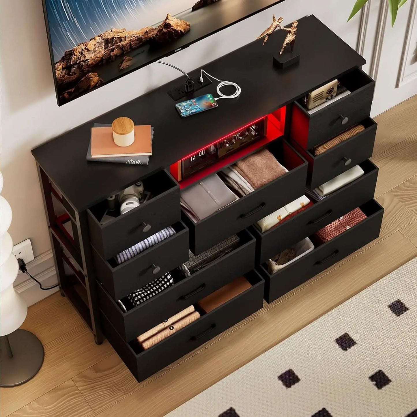 Charcoal Nine Drawer Wardrobe TV Stand With LED Lighting from PriceLows™