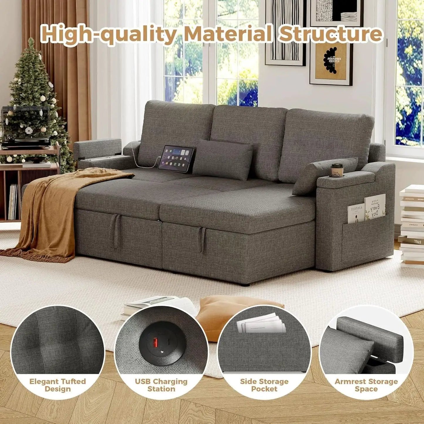 Charcoal LShaped Convertible Sleeper Sofa USB Ports from PriceLows™