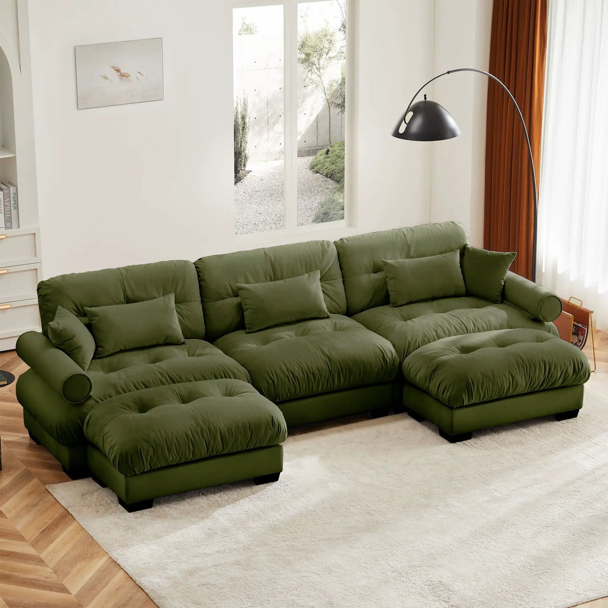 Modular Sectional Sofa | Deep Comfort Cushions | Vintage Fabric Ottoman