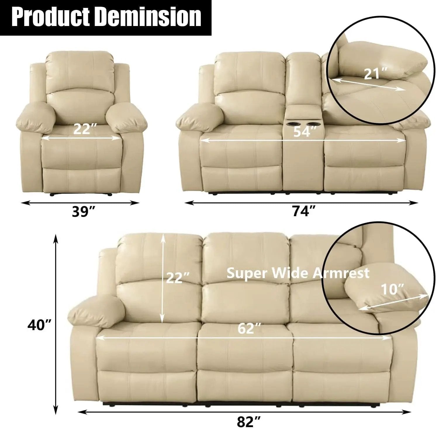 Beige Faux Leather Reclining Sofa Set With Storage Console from PriceLows™