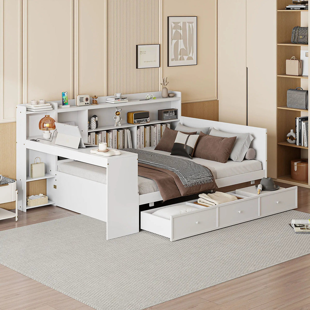 Pine Wood Daybed | 3 Drawers | USB Ports | Built-In Desk