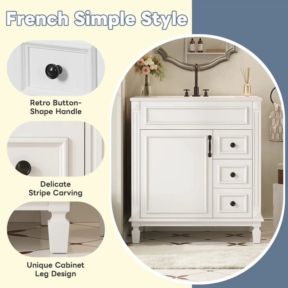 Bathroom Vanity With Sink, Cabinet With 2 Drawers And Adjustable Shelf | 2 Pieces | Solid Wood & Iron | Bathroom