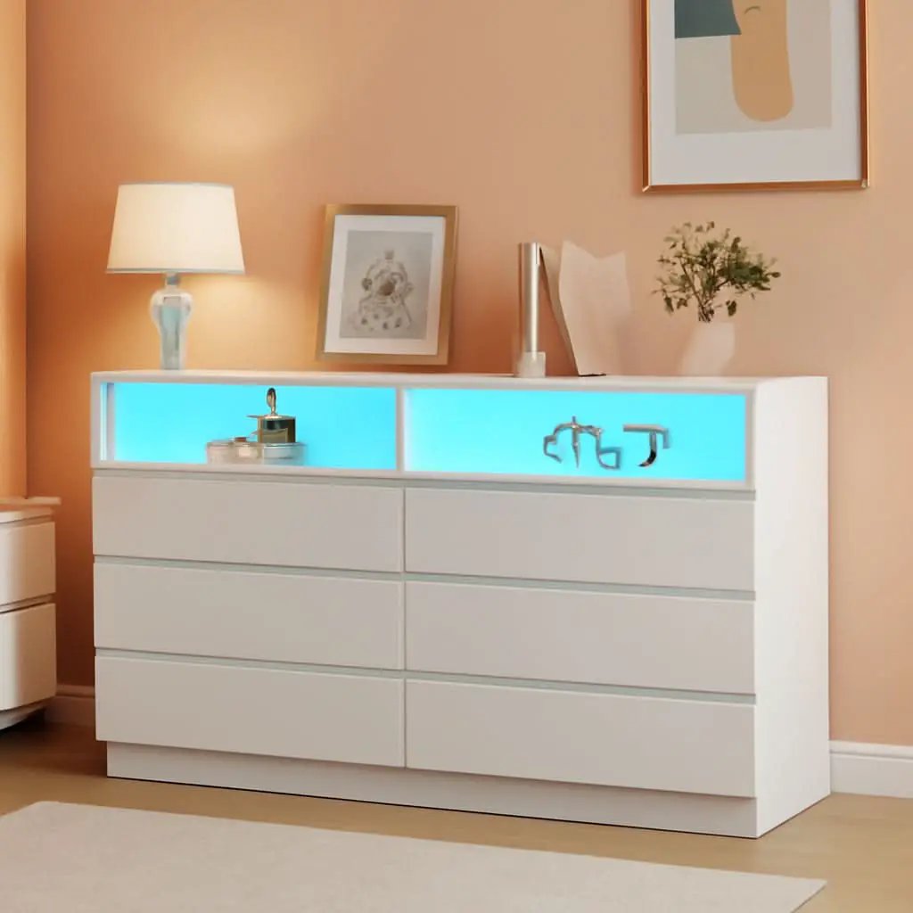 White 6 Drawer Dresser With LED Lighting And USB Ports from PriceLows™