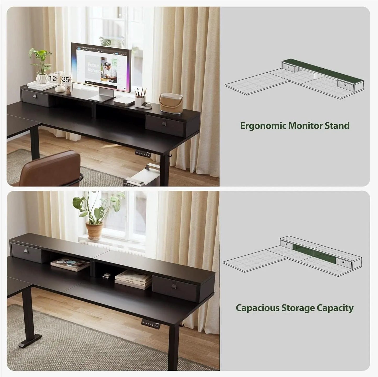 L Shaped Electric Standing Desk 63 Inch 2 Drawers Black from PriceLows™