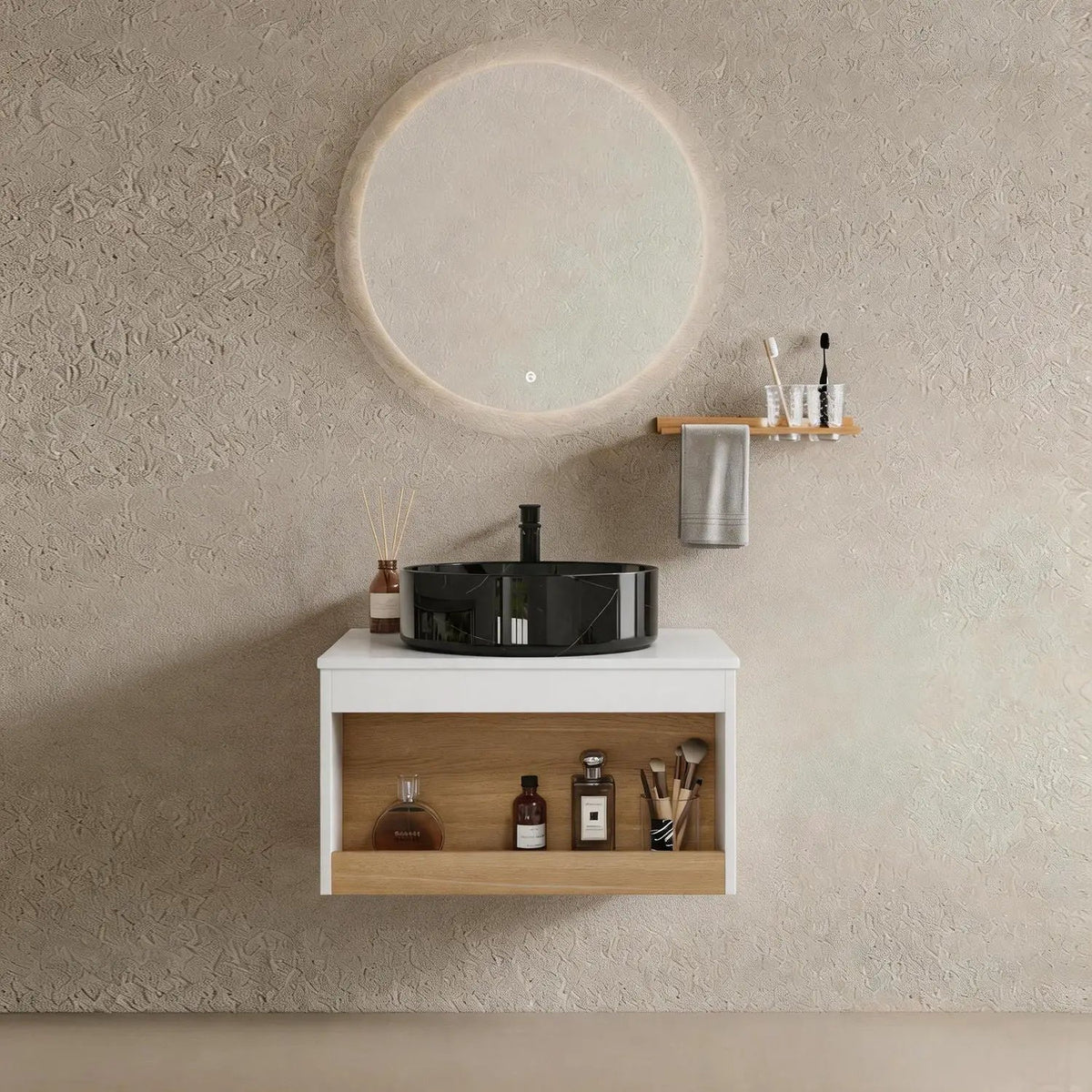 Wall Mounted Bathroom Vanity | Vessel Sink | Open Shelf Storage