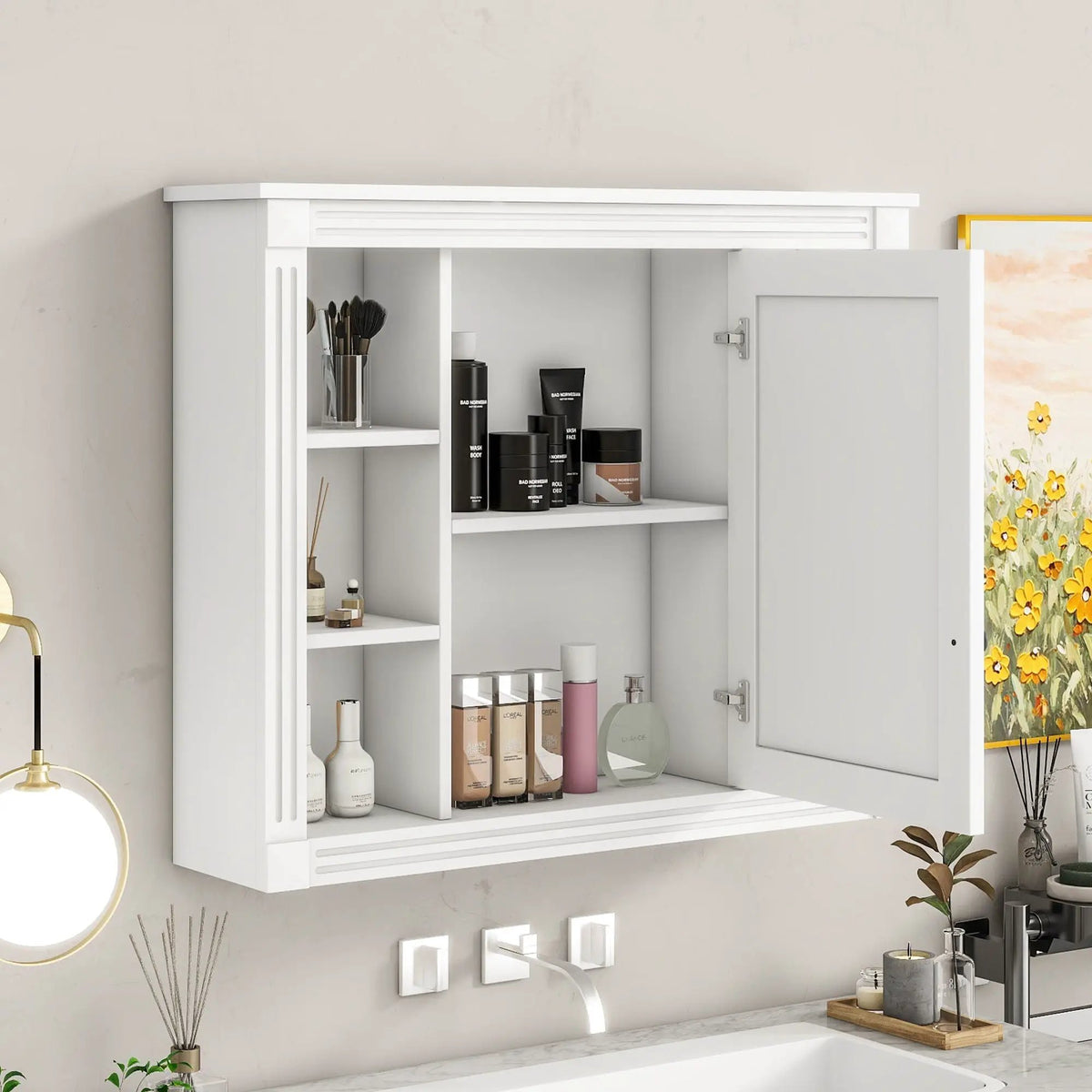 Bathroom Storage Cabinet With Mirror | 6 Open Shelves | Vintage Handle | Adjustable Interior