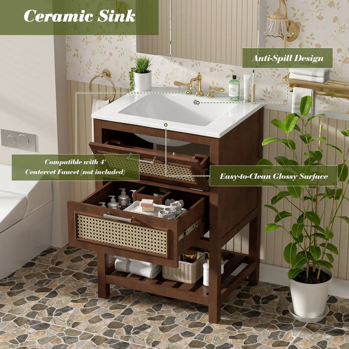 Modern Bathroom Vanity With Integrated Sink, Cabinet With 1 Deep Drawer And 1 | 2 Pieces | Solid Wood & Rattan | Bathroom