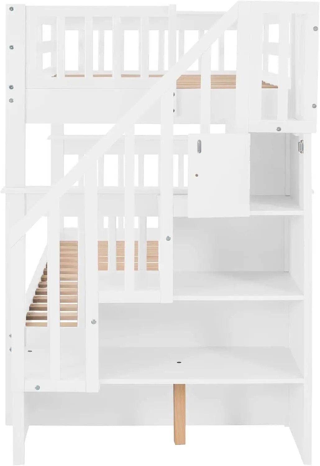 Twin Over Twin Bunk Bed With Stairs Solid Wood White from PriceLows™