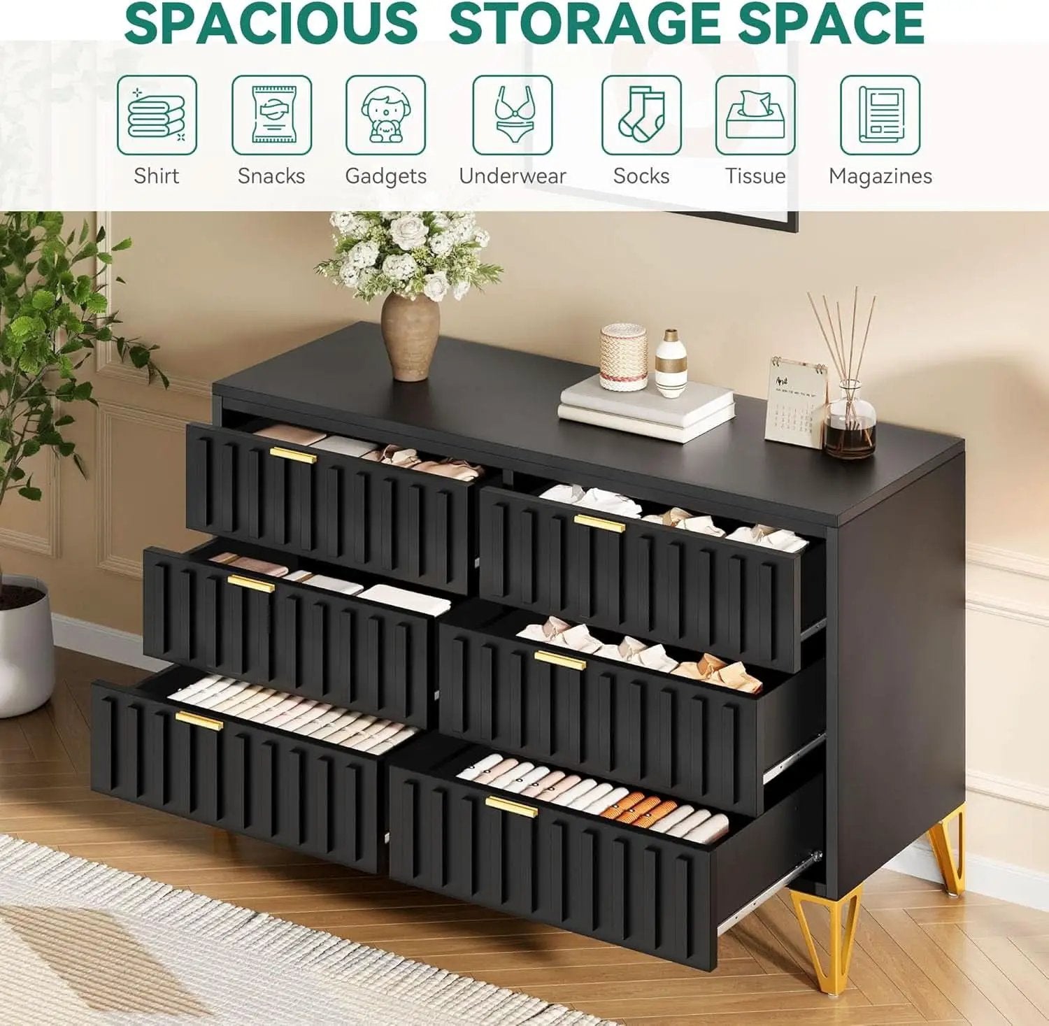 Fluted Stainlesssteel Dresser Six Drawer Black Mattefinish from PriceLows™