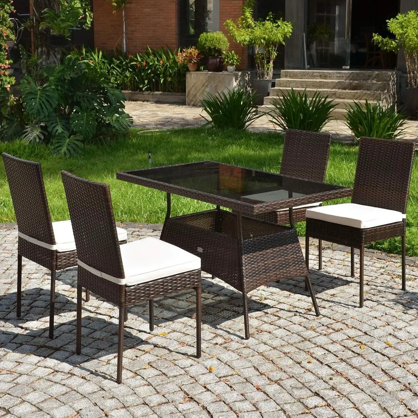 5 Piece Outdoor Patio Wicker Dining Set With Tempered Glass Table from PriceLows™