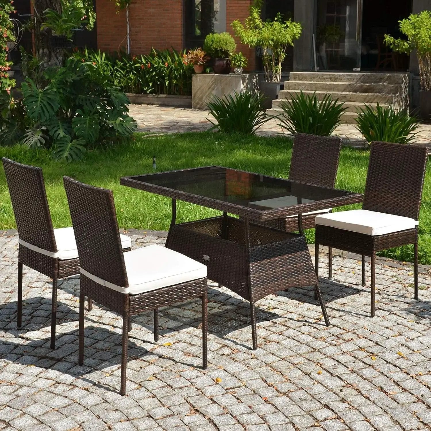 5 Piece Outdoor Patio Wicker Dining Set With Tempered Glass Table from PriceLows™