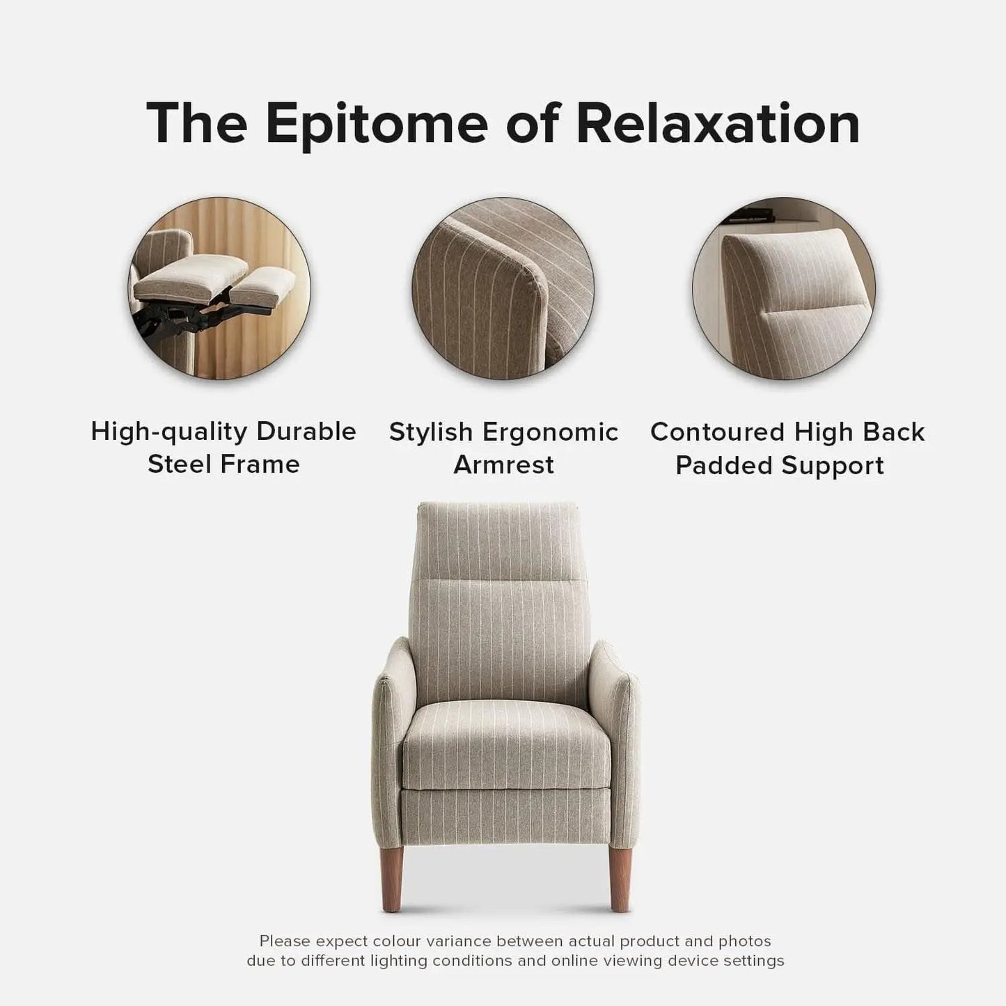 Arthur Mid Century Recliner Chair With 3 Positions Taupe Stripe Jacquard from PriceLows™