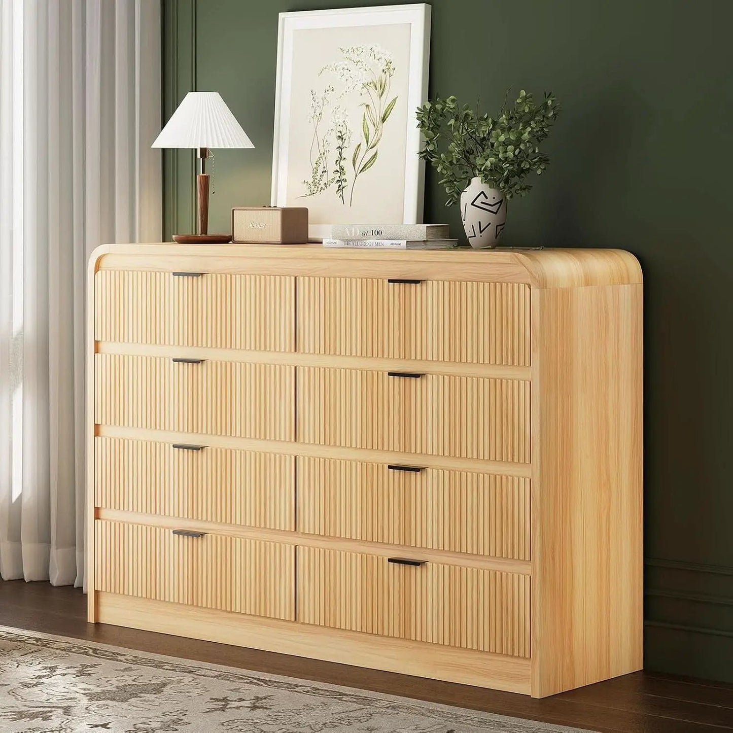 Natural Oak Fluted 8 Drawer Dresser 55 Inch Wide Bedroom from PriceLows™