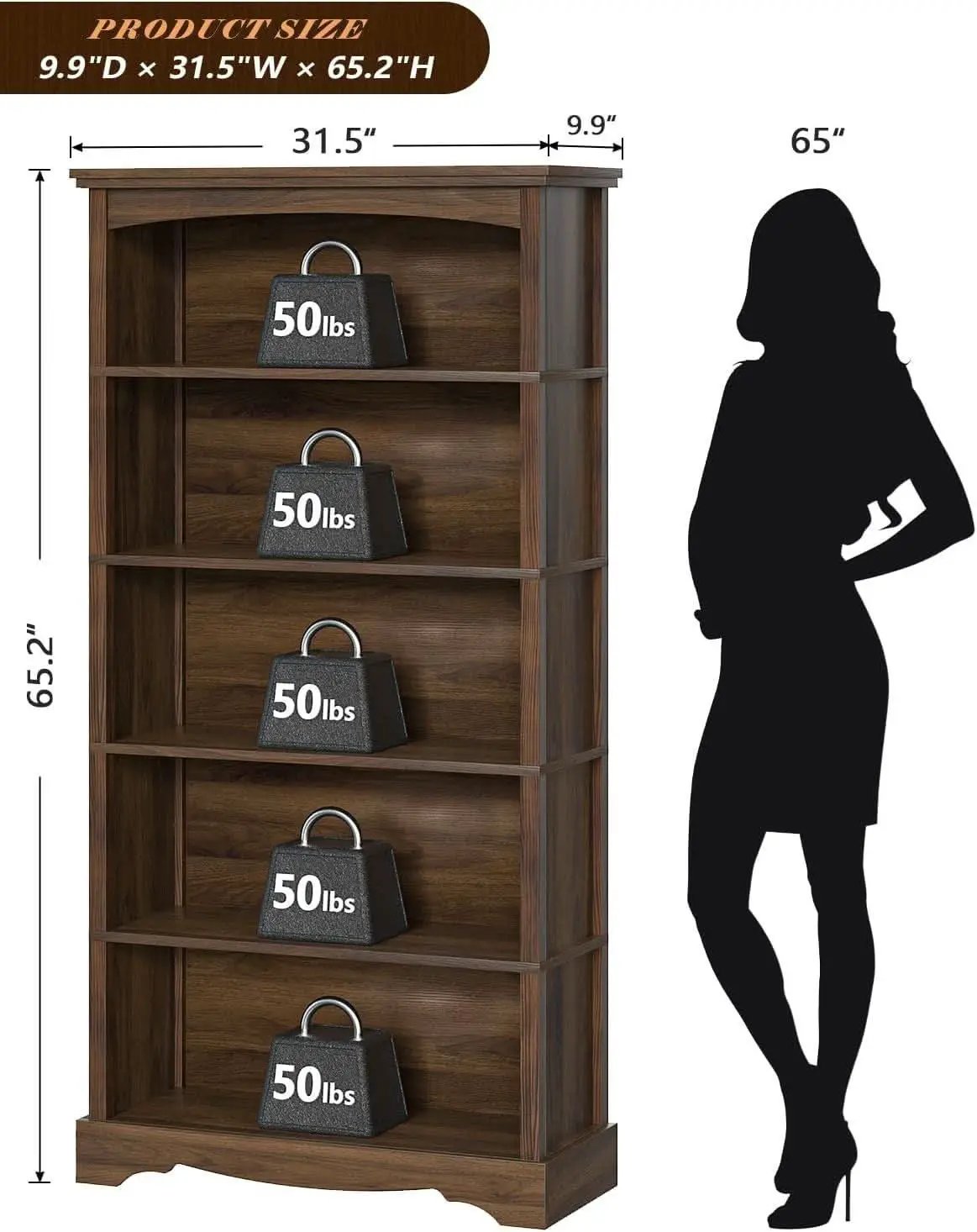 65-Inch Tall Brown Wooden Bookshelf With Five Tiers from PriceLows™