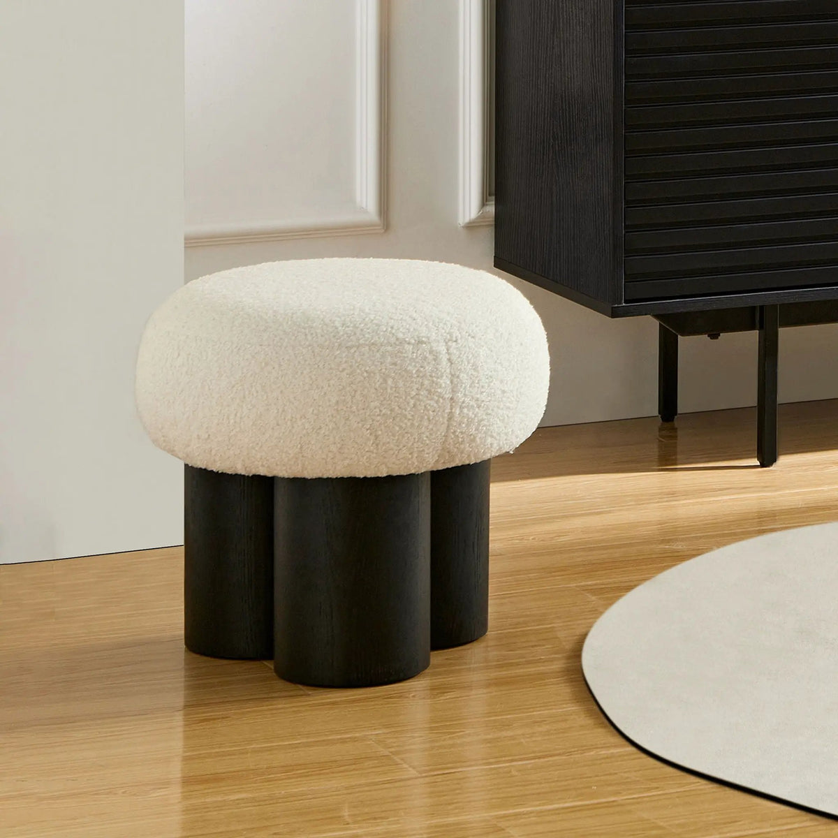 Mushroom Stool With Cushion | Greige Cushion | Wooden Barrel Base | 15.75 Inch Height