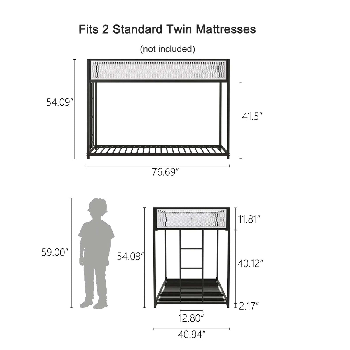 Adam Bunk Guard Rail Bunk Bed | 2 Pieces | Metal | Bedroom