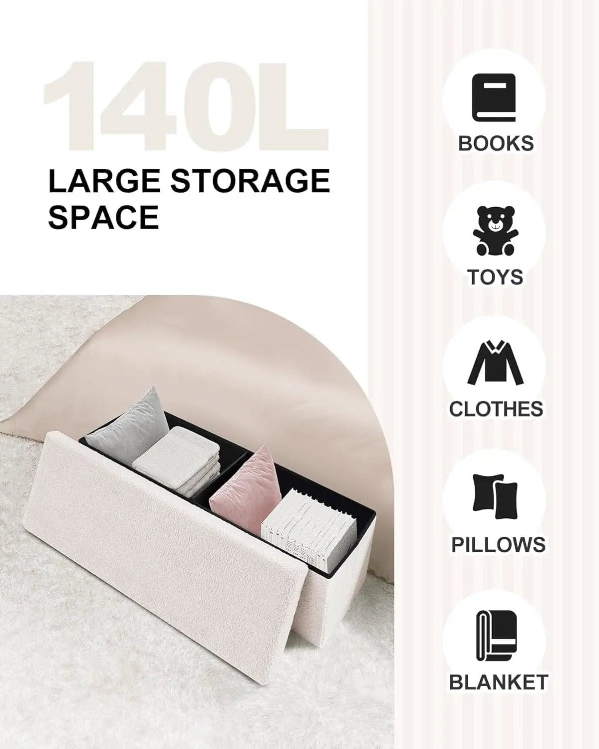 Cream White Faux Fur Storage Ottoman 43.3 Inch Dimensions from PriceLows™