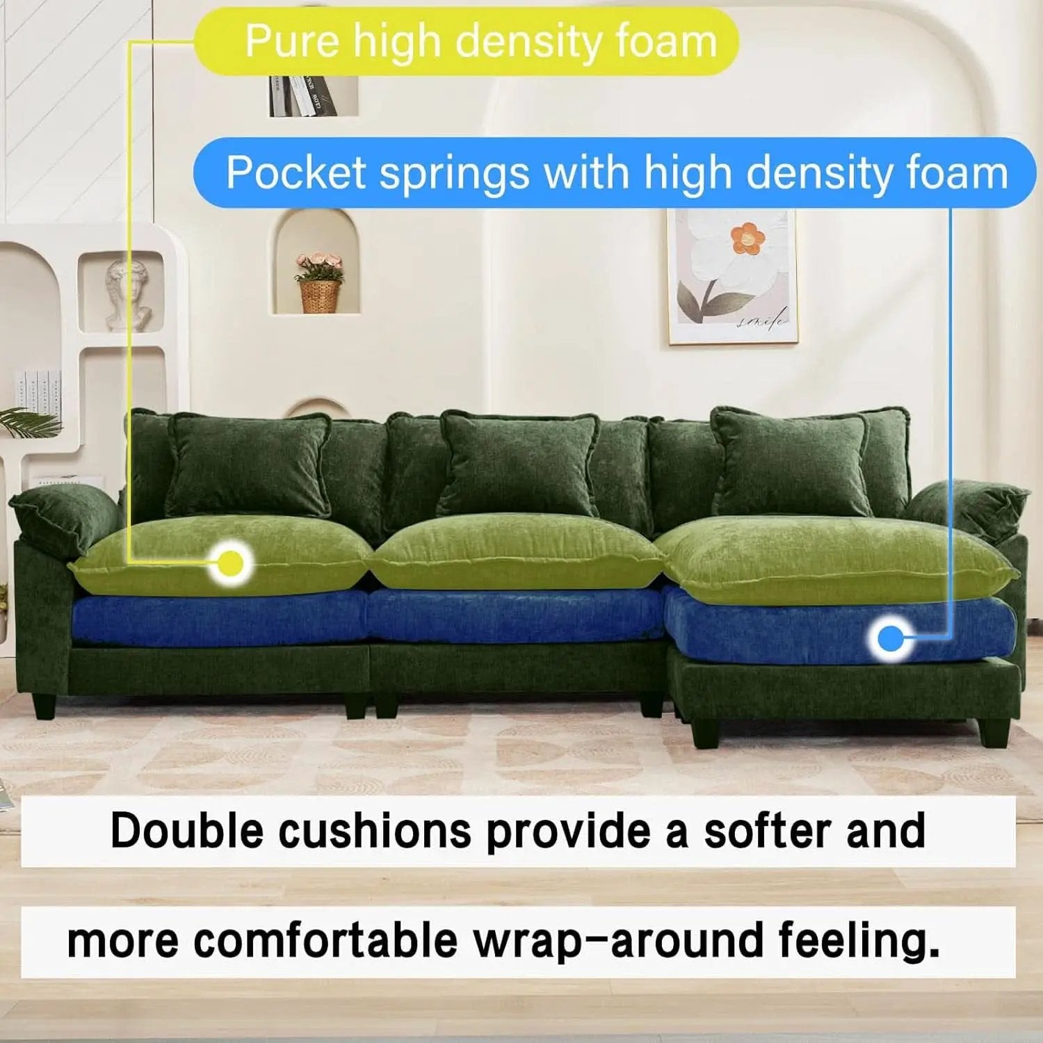 120Inch Green Modular Sectional Sofa Featuring Ottoman from PriceLows™