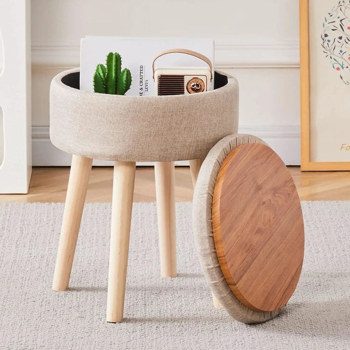 Khaki Linen Storage Velvet Upholstered Ottoman With Tray from PriceLows™
