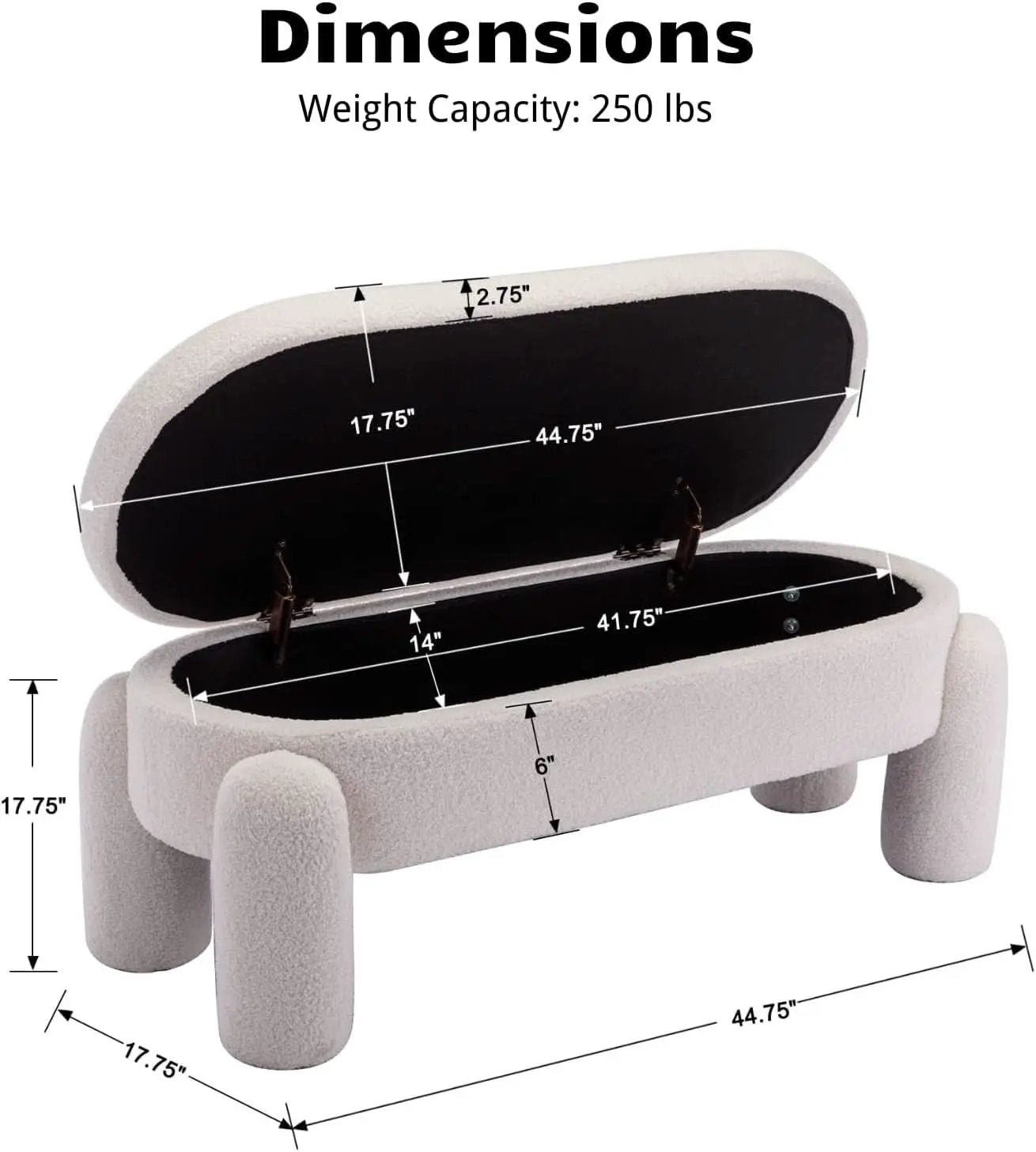 44.7-Inch White Boucle Upholstered Storage Ottoman Bench from PriceLows™