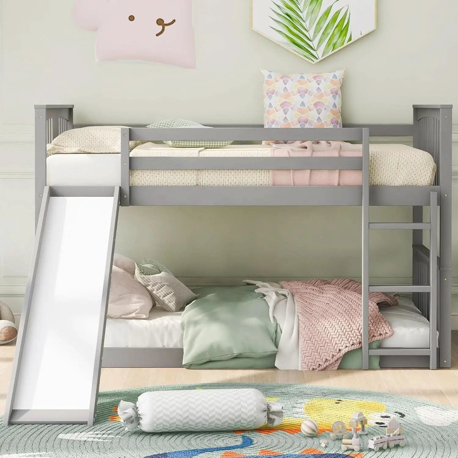 Twin Over Twin Bunk Bed With Slide In Gray For Kids from PriceLows™