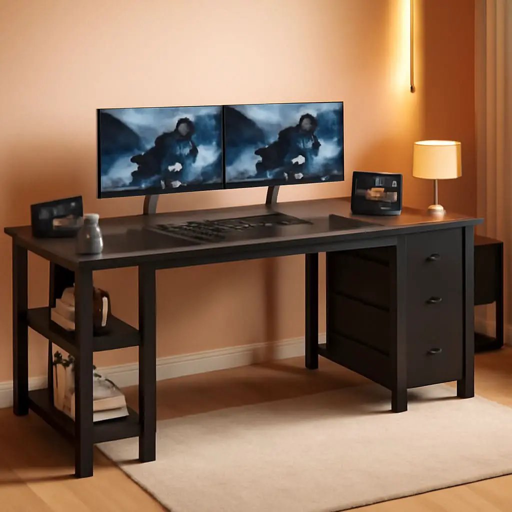 55 Inch Gaming Desk With Fabric Drawers And Shelves Black from PriceLows™