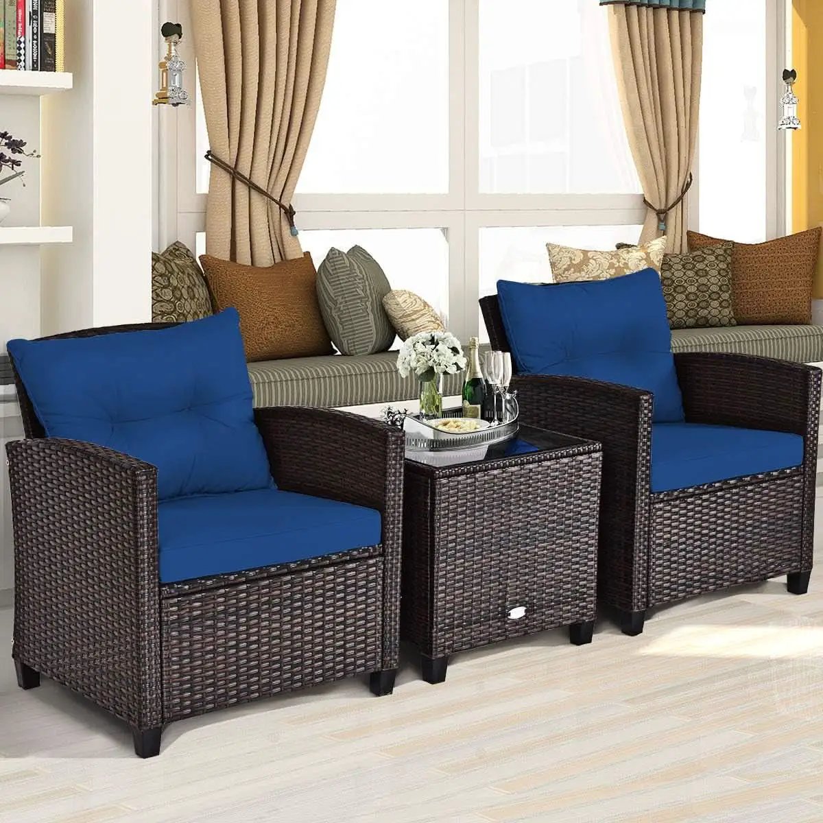 Three Piece Patio Furniture Set With Washable Cushions And Tempered Glass Tabletop Navy Blue from PriceLows™