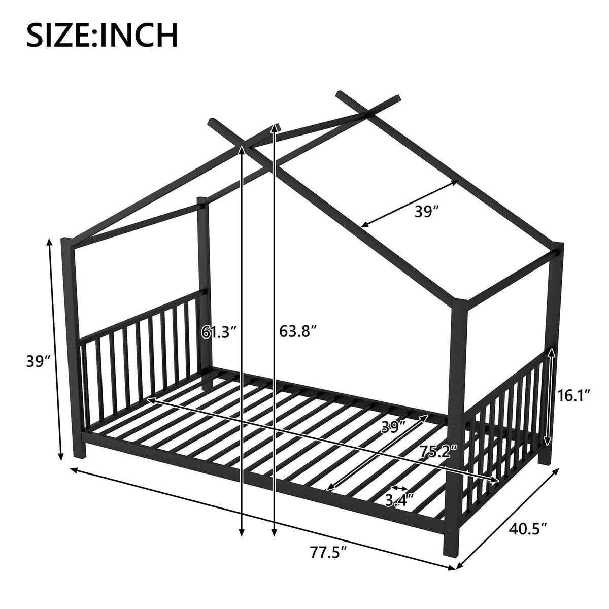 Metal House Platform Bed With Modern Design And Durable Frame | 77.5 x 40.5 x 63.8 in | Metal | Bedroom
