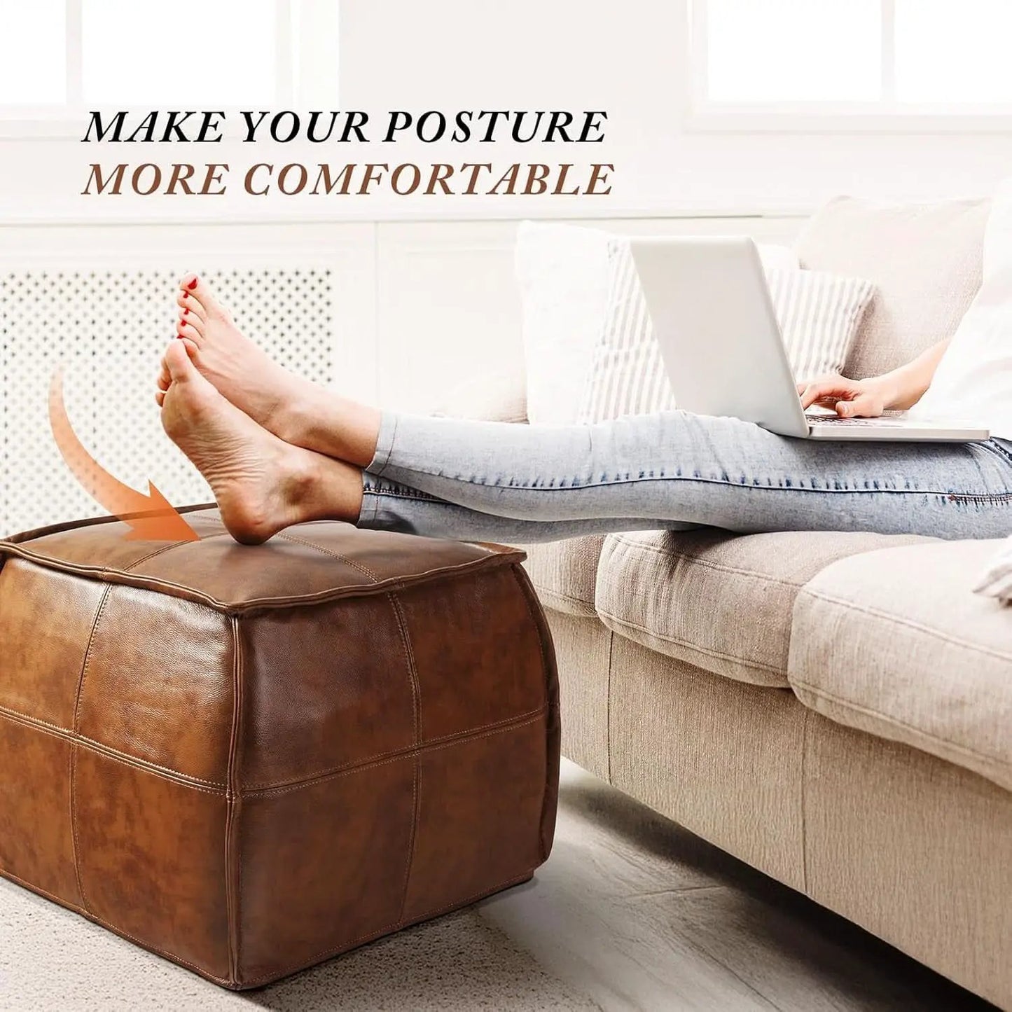 Authentic Brown Leather Ottoman Square Memory Foam from PriceLows™