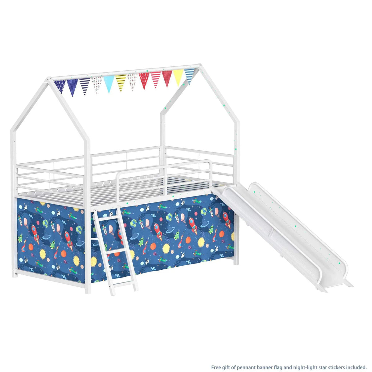 Jack House Loft Bed With Slide And Curtain Set | 5 Pieces | Metal | Bedroom