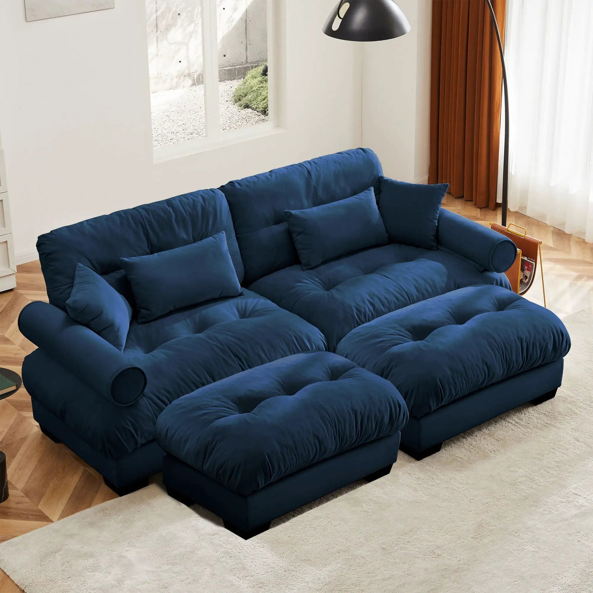 Modular Sectional Sofa | Deep Comfort Cushions | Vintage Fabric Ottoman