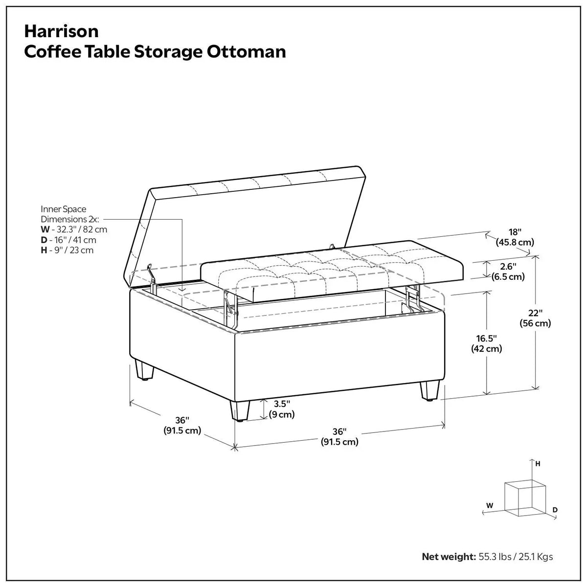Coffee Table Storage Ottoman | Lift Top Hinge | Solid Wood Base | Large Square