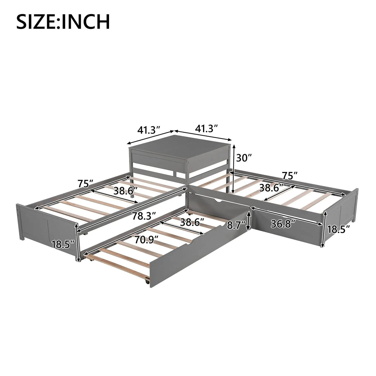 L Shaped Platform Bed | Built In Desk | Trundle With Drawers | Twin Size