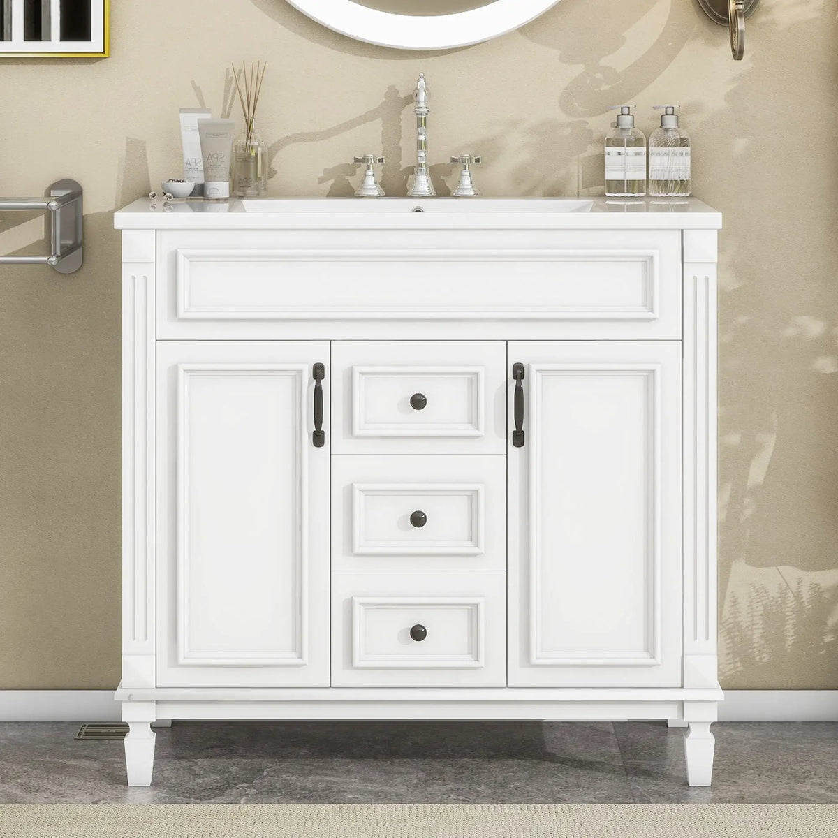 36 Inch Bathroom Vanity With Top Sink | Basin On Cabinet | 2 Soft Closing Doors | 2 Drawers