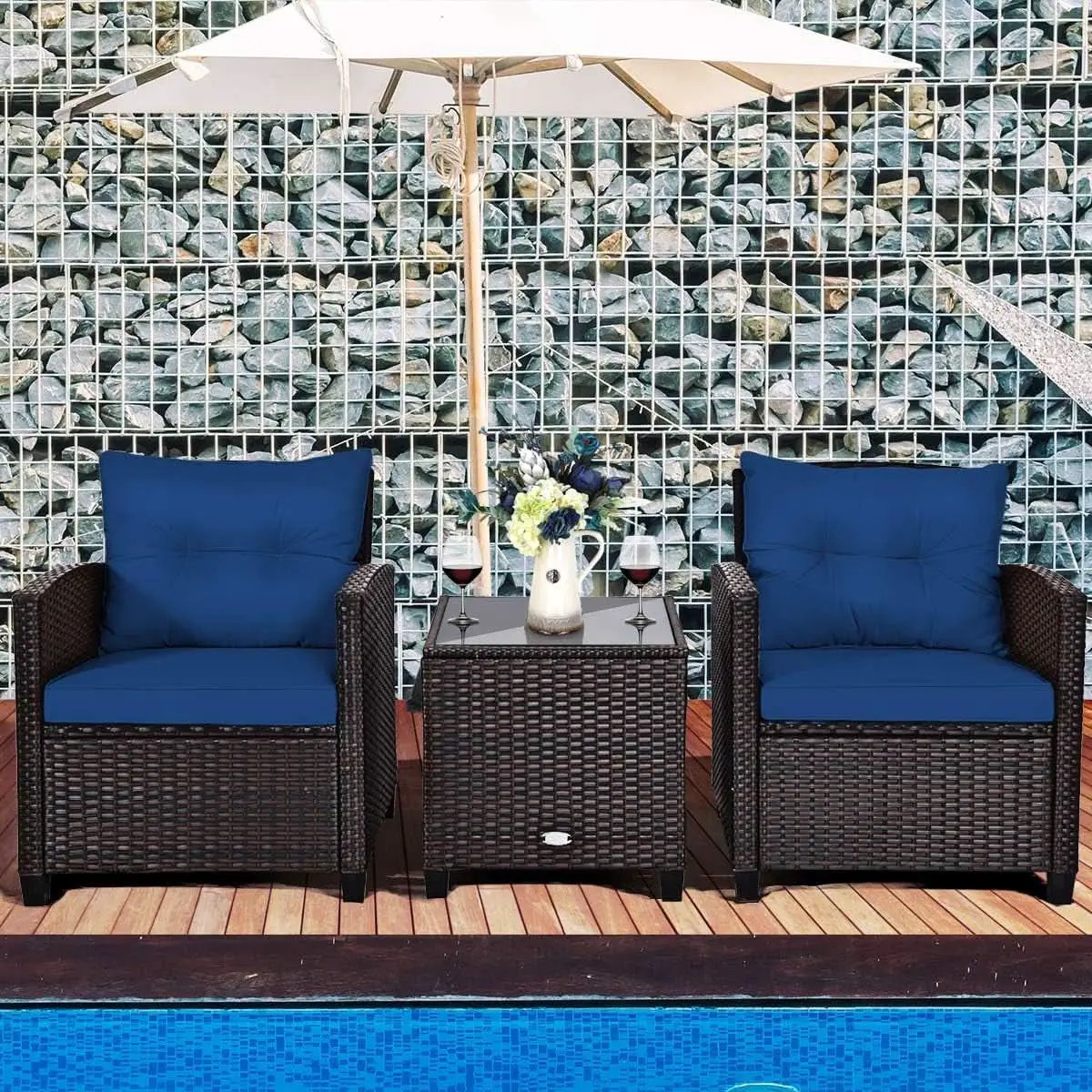 Three Piece Patio Furniture Set With Washable Cushions And Tempered Glass Tabletop Navy Blue from PriceLows™