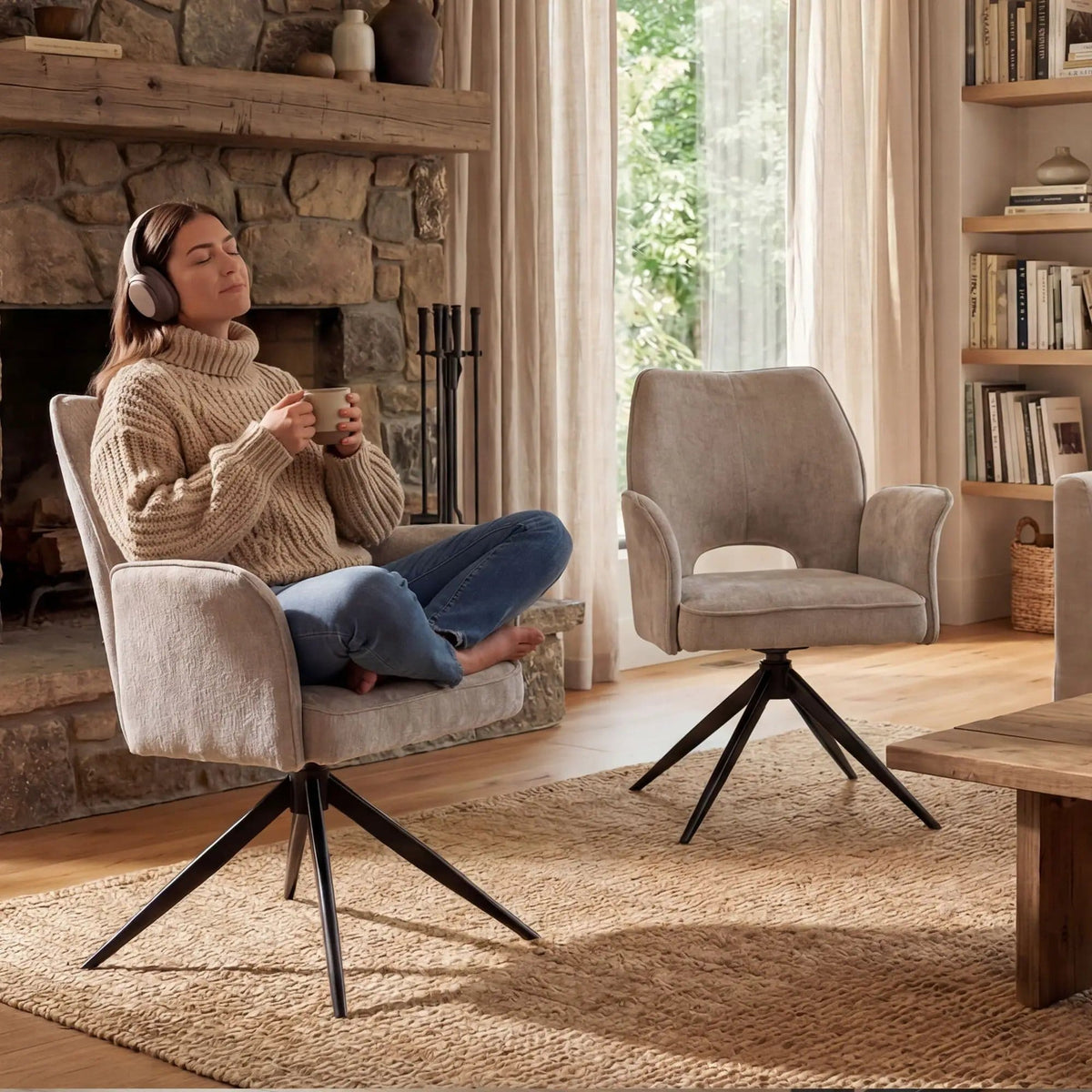 Dining Chair With Soft Cushion And 360° Rotation, Comfortable Armrest For Kitchen | 18.1 x 19.6 x 34.2 in | Fabric & Metal | Gray