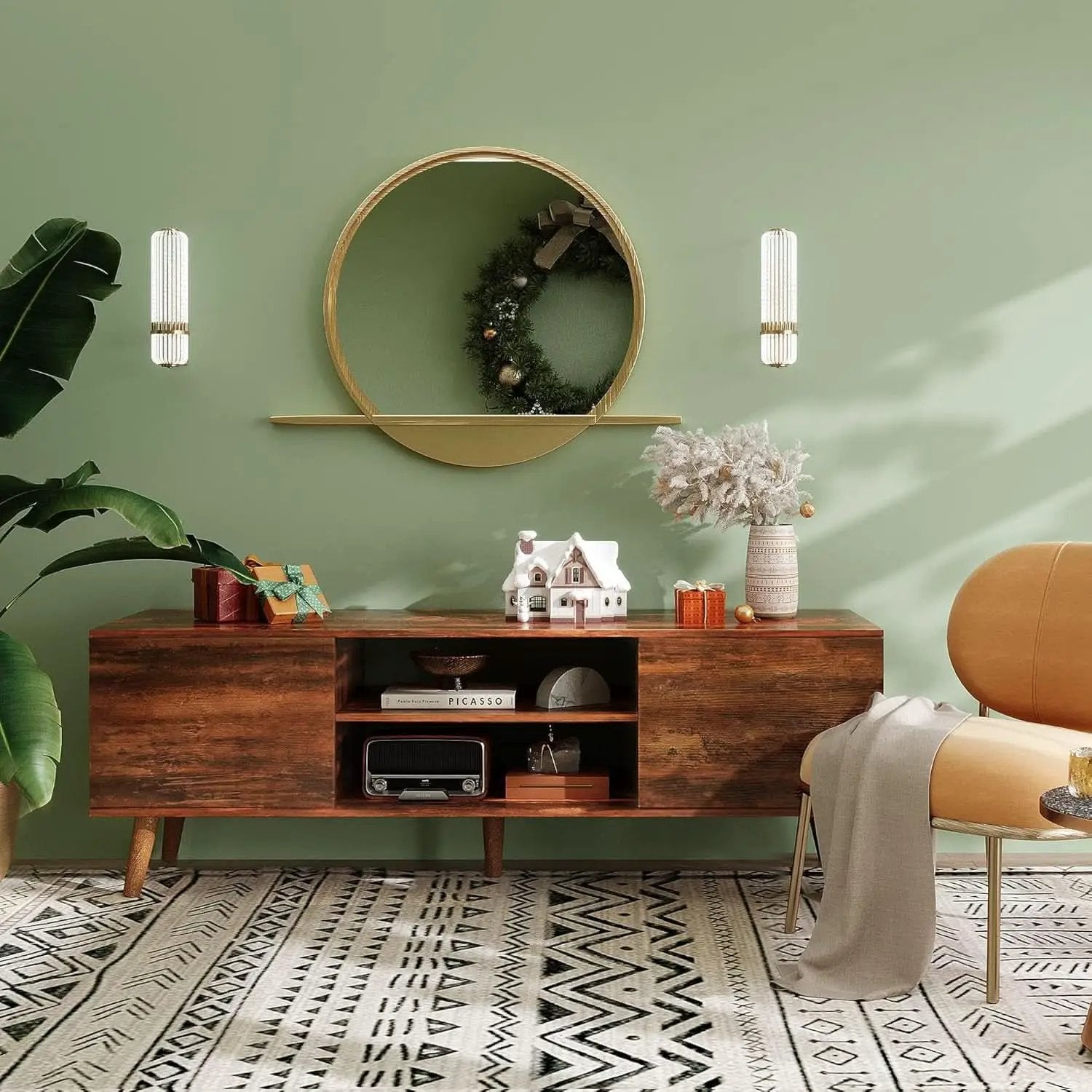 Mid Century TV Stand 55 to 60 Inch Retro Brown Finish from PriceLows™