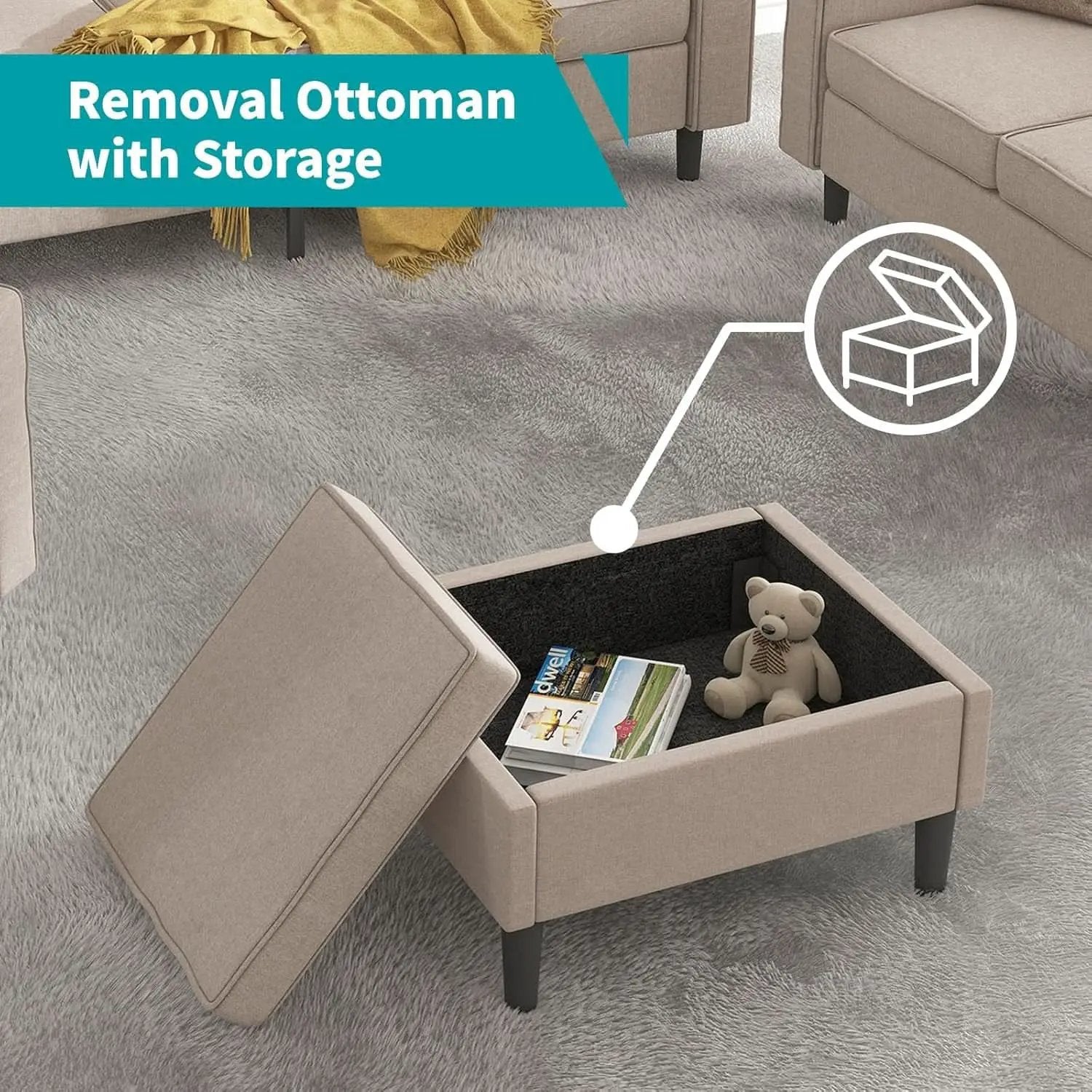 Beige Sectional Sofa Set With Movable Storage Ottoman from PriceLows™