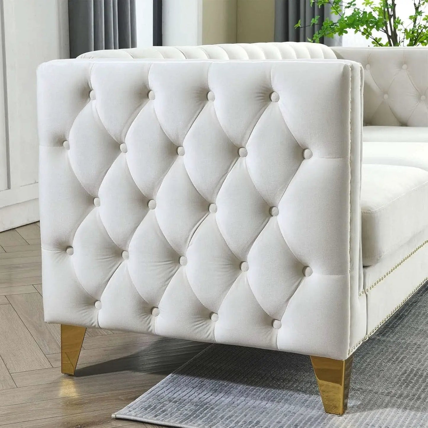 Velvet Beige 80-Inch Sofa Set With 58-Inch Loveseat And Gold Nail Heads from PriceLows™