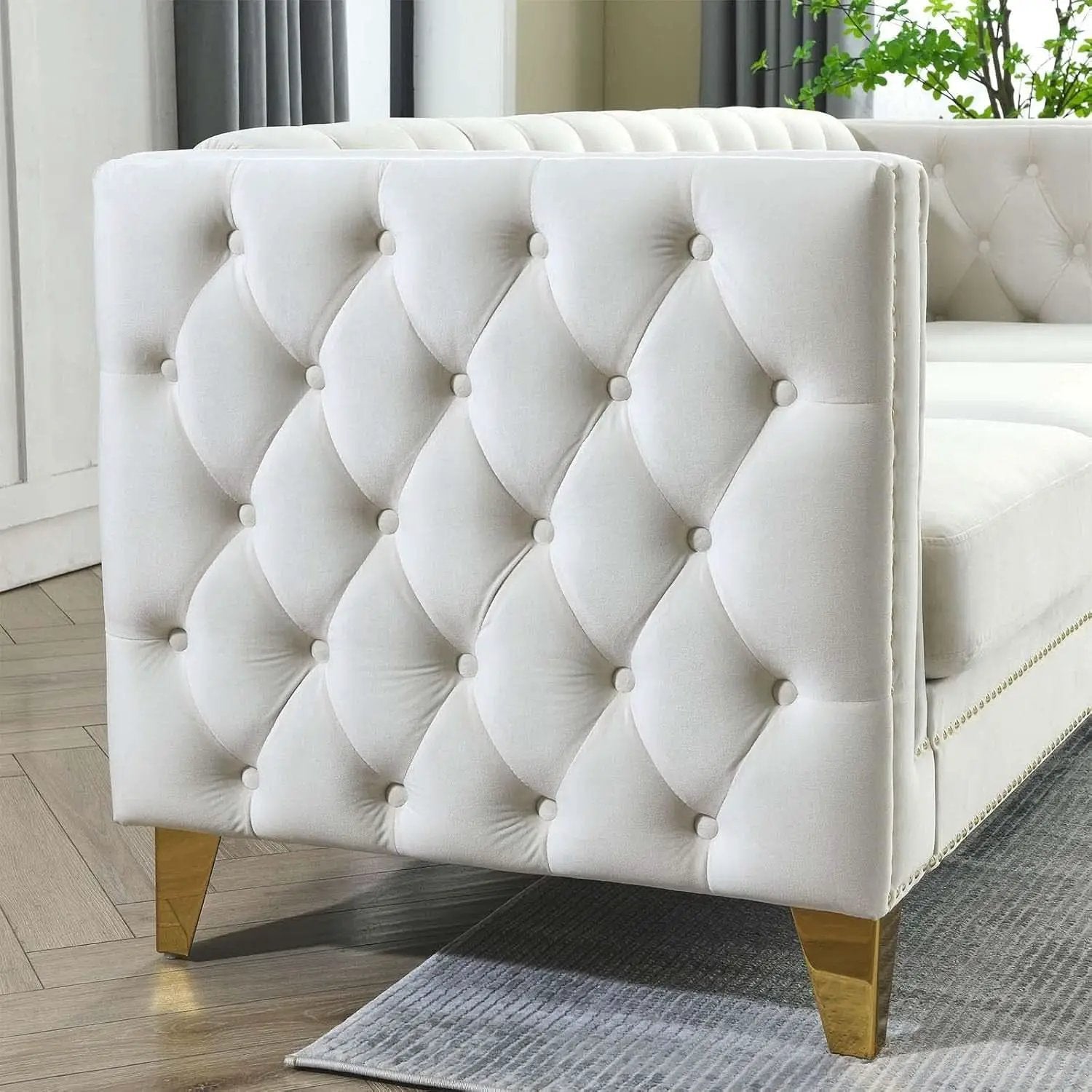Velvet Beige 80-Inch Sofa Set With 58-Inch Loveseat And Gold Nail Heads from PriceLows™
